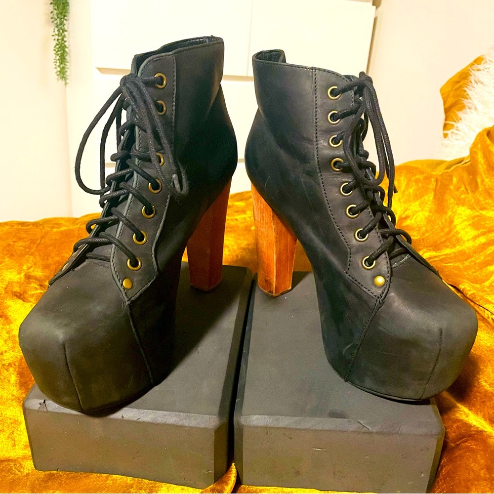 Jeffery Campbell Platform Booties
ankle boot black leather wood heel Lita